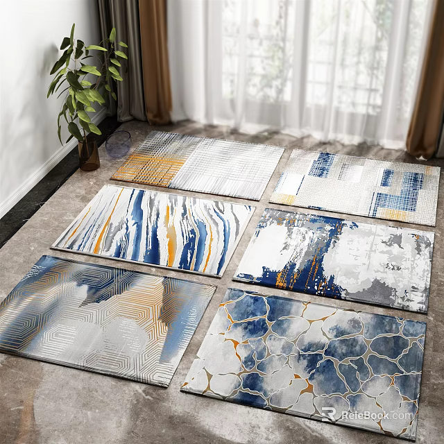 Modern Square Rugs With Geometric And Marble Patterns In Blue White Yellow 3d model