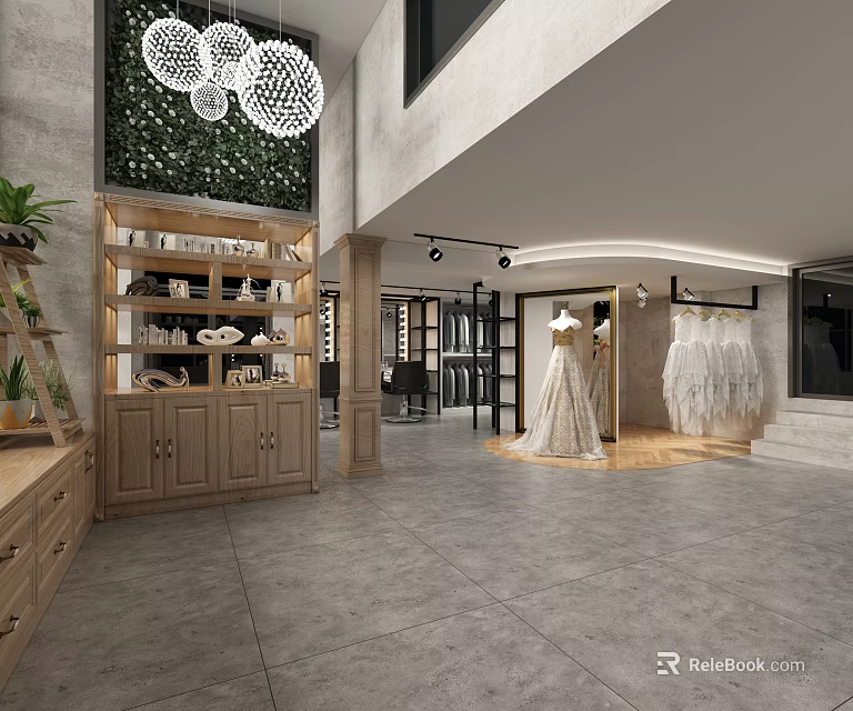 Elegant Bridal Shop Interior With Wedding Dresses Display Wooden Shelves And Chandelier Lighting 3d model 