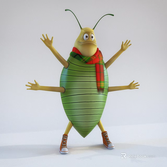 Cartoon Green Flying Insect With Red Plaid Scarf Brown Boots Spread Arms Legs Cheerful Pose 3d model 