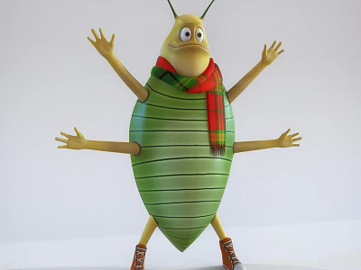 Cartoon Green Flying Insect With Red Plaid Scarf Brown Boots Spread Arms Legs Cheerful Pose 3d model