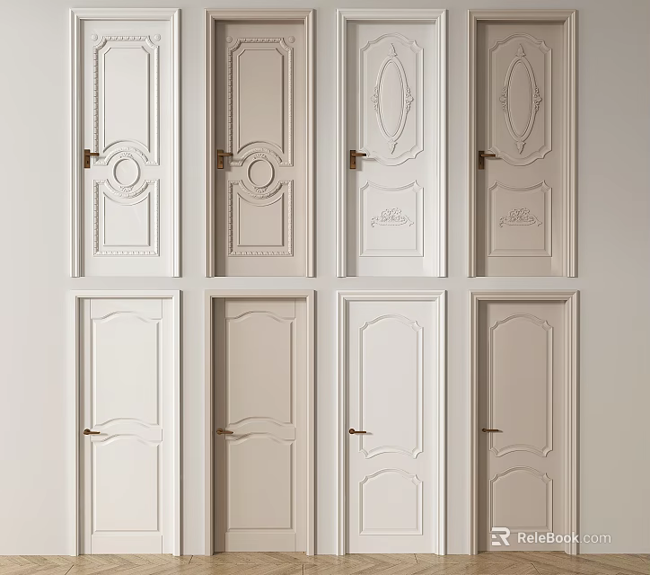 White Swing Doors With Carved Patterns And Various Interior Designs 3d model