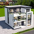 Modern Detached Villa With White Exterior Black Roof Large Windows Swimming Pool And Green Lawn