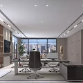 Modern Office Interior Design With Large Windows City View TV Screen Orange Shelves And Plants