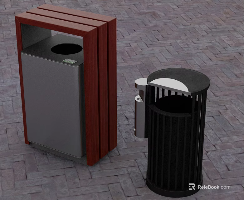 Swing Door Trash Bins With Wooden Frame And Metal Structure On Brick Pavement 3d model 