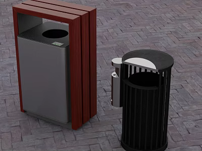 Swing Door Trash Bins With Wooden Frame And Metal Structure On Brick Pavement 3d model