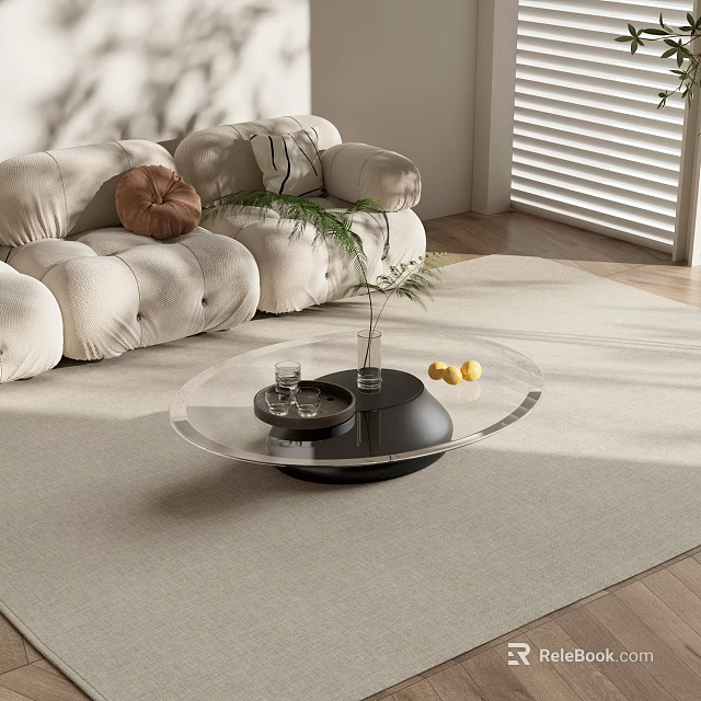 Transparent Glass Coffee Table with Black Base Tray Green Plant and Lemons in Modern Living 3d model 