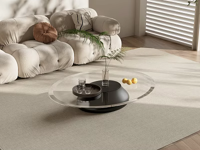 Transparent Glass Coffee Table with Black Base Tray Green Plant and Lemons in Modern Living 3d model