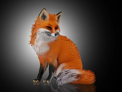Red Fox With Fluffy Orange Fur White Chest And Busy Tail Sitting On Black Background 3d model