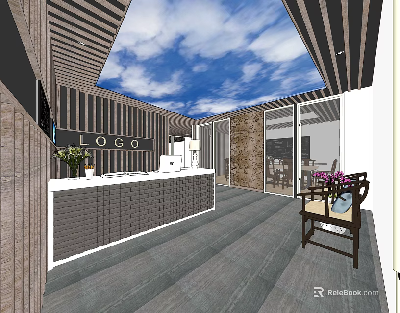 Modern Front Desk Reception Area With Wooden Slat Ceiling Skylight Logo Sign And Decorative Plants 3d model 