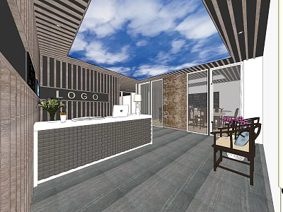 Modern Front Desk Reception Area With Wooden Slat Ceiling Skylight Logo Sign And Decorative Plants 3d model
