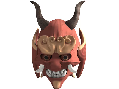 Red Traditional Mask With Black Horns Sharp Fangs And Ornate Decorative Details 3d model