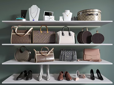 Stylish Handbags and Decorative Boxes Display on Shelves with Jewelry and Shoes 3d model