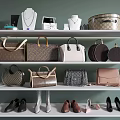 Stylish Handbags and Decorative Boxes Display on Shelves with Jewelry and Shoes