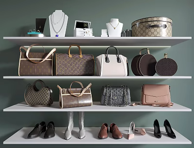 Stylish Handbags and Decorative Boxes Display on Shelves with Jewelry and Shoes 3d model