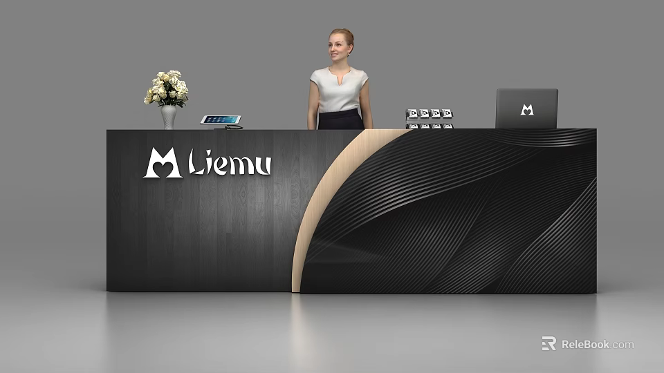 Elegant Liemu Reception Desk Interior With Vase Tablet Laptop And Staff 3d model 