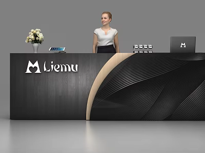 Elegant Liemu Reception Desk Interior With Vase Tablet Laptop And Staff 3d model