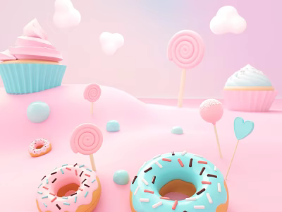 Colorful Sweet Desserts Display With Cupcakes Lollipops Donuts And Heart Shaped Candies 3d model