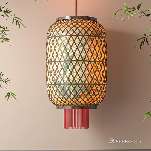 Traditional Chinese Lantern With Bamboo Woven Frame Warm Light Glow Surrounding Green Bamboo Leaves Red Tassel 3d model 