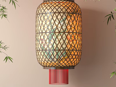 Traditional Chinese Lantern With Bamboo Woven Frame Warm Light Glow Surrounding Green Bamboo Leaves Red Tassel 3d model