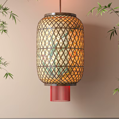 Traditional Chinese Lantern With Bamboo Woven Frame Warm Light Glow Surrounding Green Bamboo Leaves Red Tassel 3d model