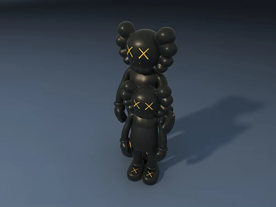 Modern Black Sculpture Of Stacked Figures With Yellow Cross Eyes And Artistic Details 3d model