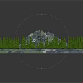 Cartoon Scene of Snowy Mountain Surrounded by Lush Green Pine Trees on Square Platform