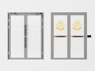 Double Glass Doors With Gray Frames Yellow Lettering And Door Handles 3d model