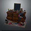Vintage Red Dresser With Framed Mirror Cosmetics Drawers And Scattered Clothes