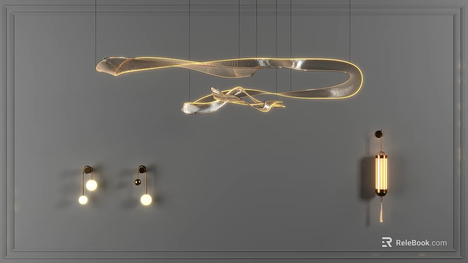 Luxurious Curved Gold Metal Chandelier With LED Strip Lights And Modern Design 3d model 