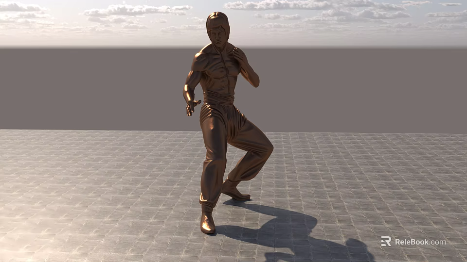 Bronze Martial Arts Figure Landscape Sculpture Set In Open Outdoor Square With Sky Background 3d model 