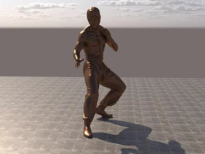 Bronze Martial Arts Figure Landscape Sculpture Set In Open Outdoor Square With Sky Background 3d model