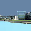 Modern Architectural Complex With Arch Bridge Water Bodies And Green Landscaped Areas