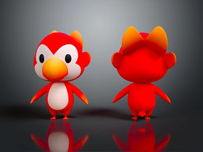 Red Bird Shaped Stuffed Toy With Orange Ears White Belly Front And Back Views 3d model