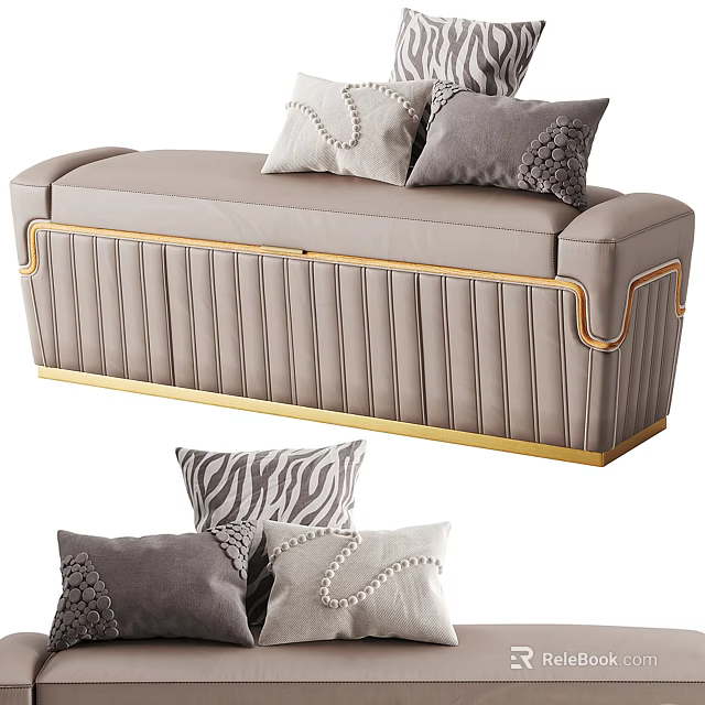Light Gray Vertical Tufted Bench With Gold Accents And Decorative Pillows Including Zebra Pattern 3d model