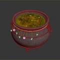 Hand Carved Clay Sculpture Vessel With Yellow Liquid Woven Trim And Red Decorations