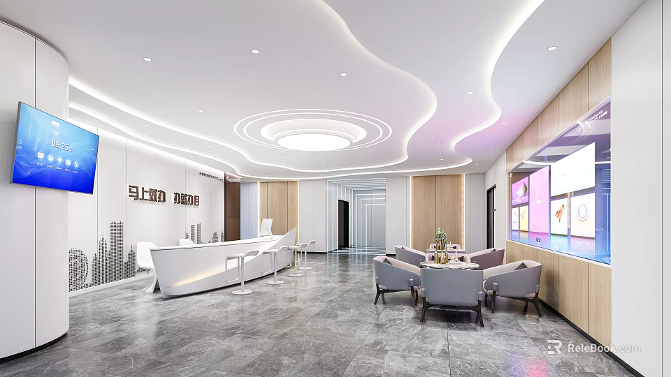 Modern Reception Area Design with Curved Front Desk Sofa Chairs and City Skyline Mural 3d model 