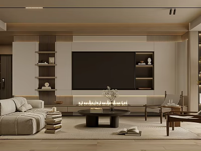 Modern Living Room Interior With Beige Sofa TV Wall Fireplace And Coffee Table 3d model