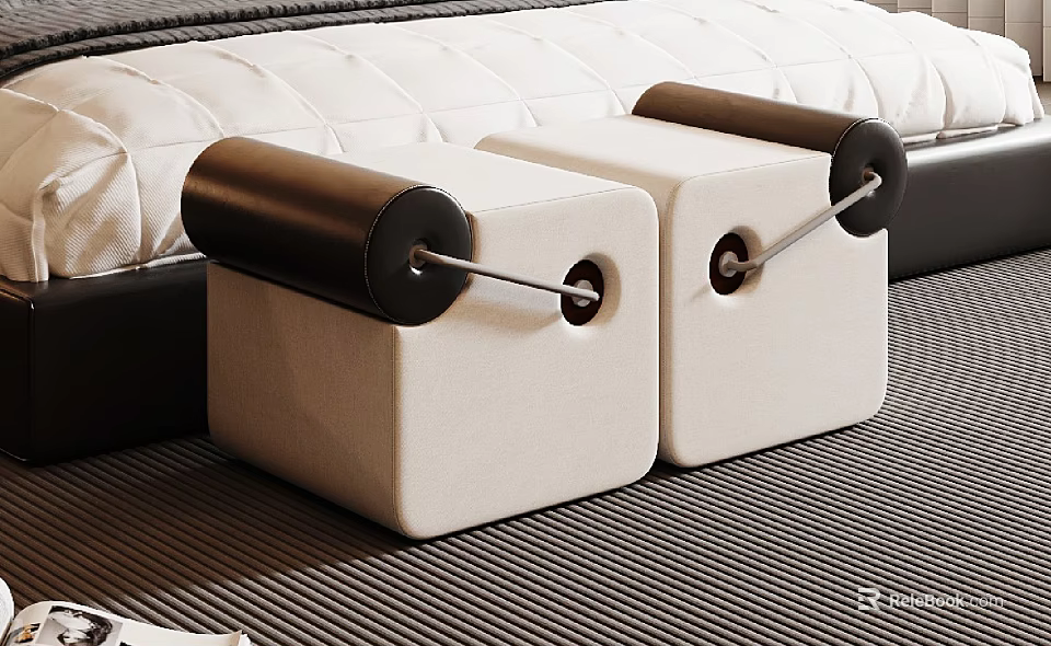 White Upholstered Ottoman Bench With Black Cylindrical Armrests And Metal Accents On Striped Carpet 3d model 