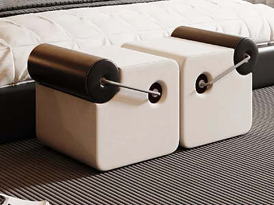 White Upholstered Ottoman Bench With Black Cylindrical Armrests And Metal Accents On Striped Carpet 3d model