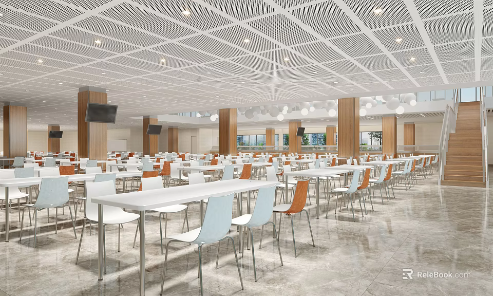Spacious Dining Hall Interior With White Tables Brown White Chairs And Grid Ceiling Lights 3d model