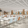 Spacious Dining Hall Interior With White Tables Brown White Chairs And Grid Ceiling Lights 3d model