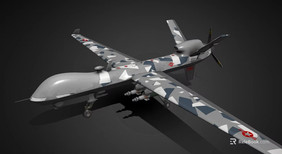 Fighter Jet with Gray and Blue Camouflage Wings Mounted Missiles and Propeller on Black Background 3d model 