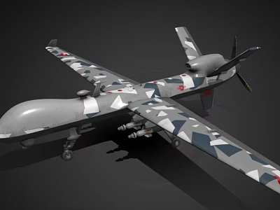 Fighter Jet with Gray and Blue Camouflage Wings Mounted Missiles and Propeller on Black Background 3d model