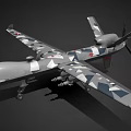 Fighter Jet with Gray and Blue Camouflage Wings Mounted Missiles and Propeller on Black Background