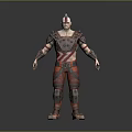 Detailed Fierce Warrior Character With Spiked Helmet Spiked Armor And Red Orange Striped Outfit