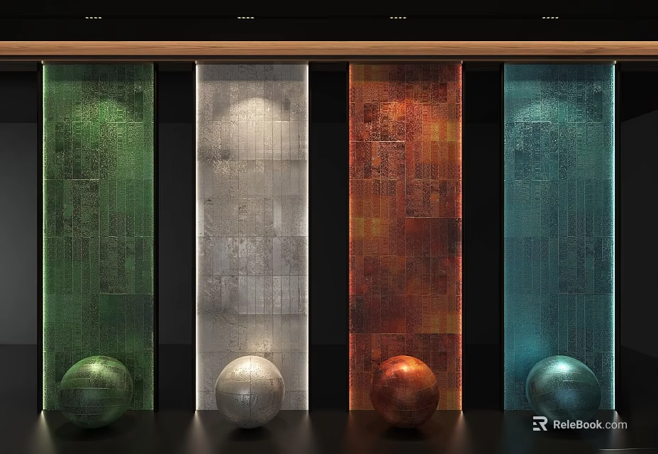 Decorative Textured Wall Display With Green Silver Orange Blue Panels And Colorful Spheres Below Each 3d model 