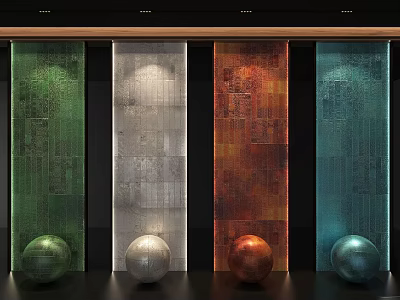Decorative Textured Wall Display With Green Silver Orange Blue Panels And Colorful Spheres Below Each 3d model