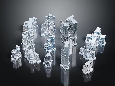 Transparent City Building Models With High Rise Low Rise Structures On Black Background And Reflections 3d model