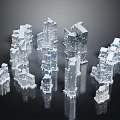Transparent City Building Models With High Rise Low Rise Structures On Black Background And Reflections