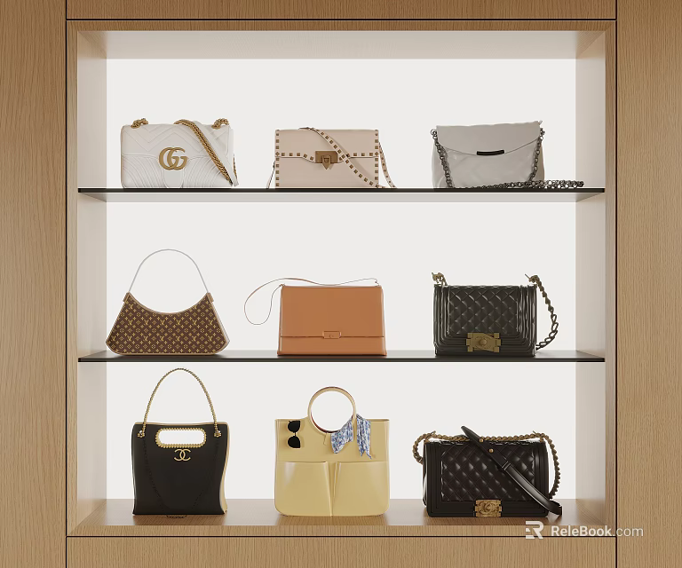 Trendy Designer Bags on Display Shelves with Various Colors Tote Shoulder and Chain Styles 3d model 